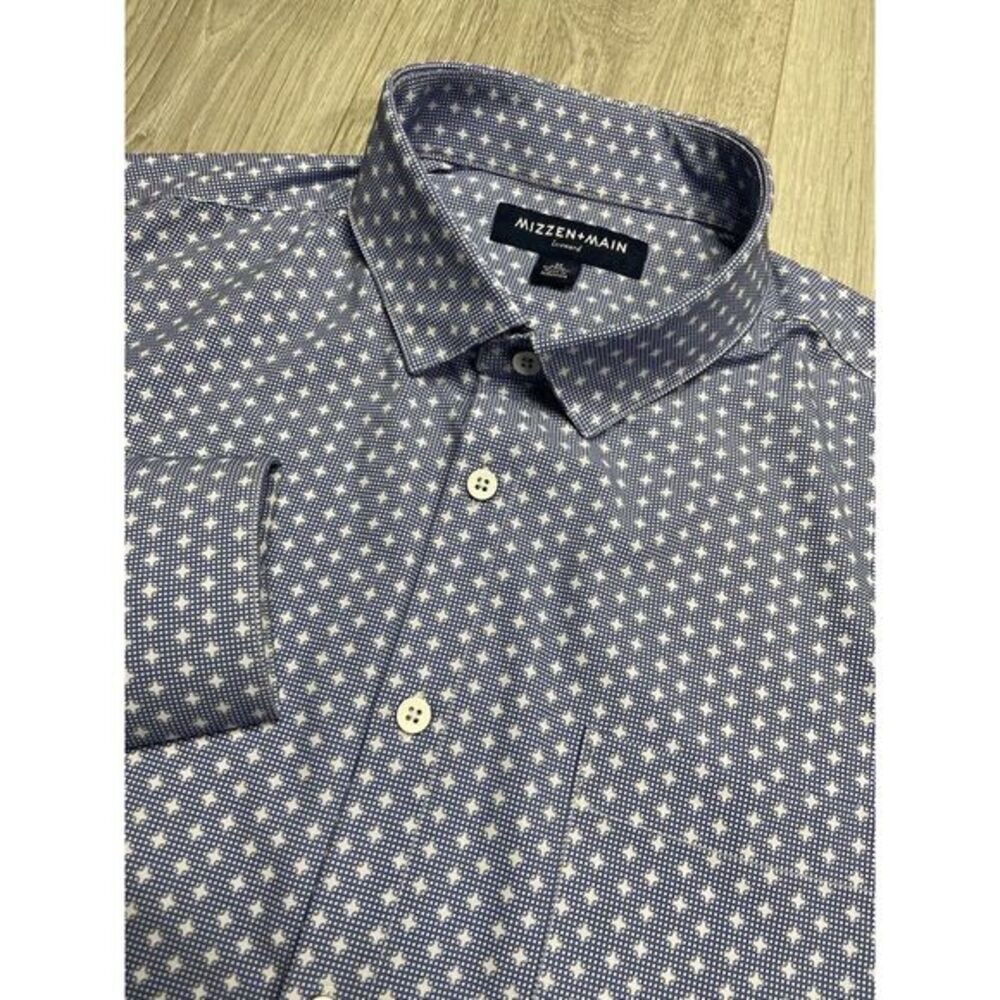 Mizzen Main Men Medium Shirt Blue Leeward Performance Stretch Print Trim No Tuck